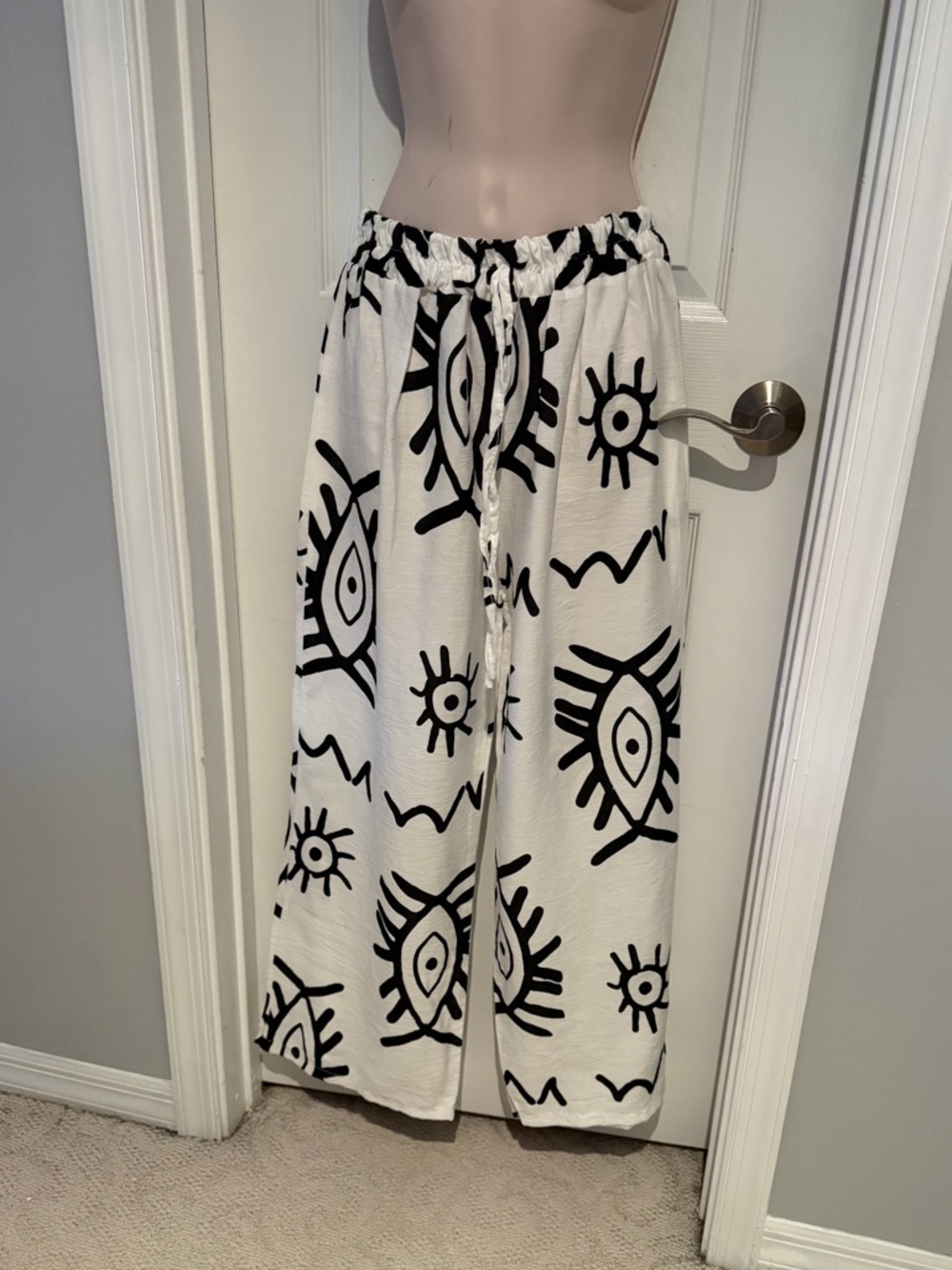 Women's Wide-Leg Jumpsuit Pants in White with Black Graphic Print